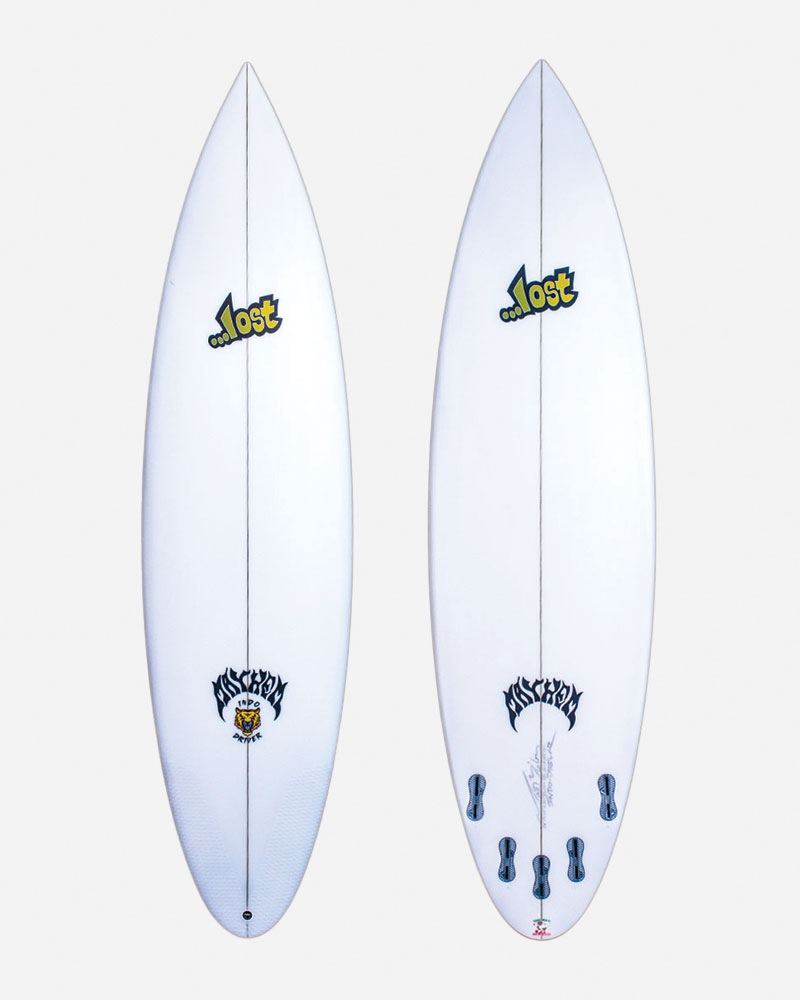 Two surfboards with white designs and logos.