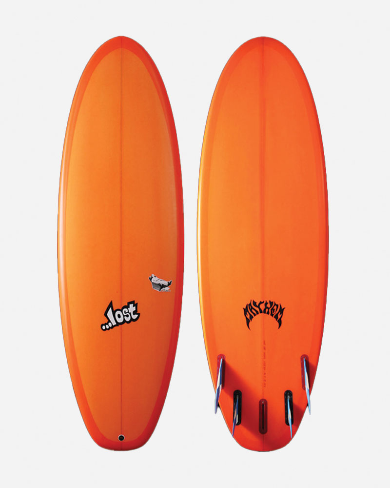 Orange surfboard with logos on both sides.