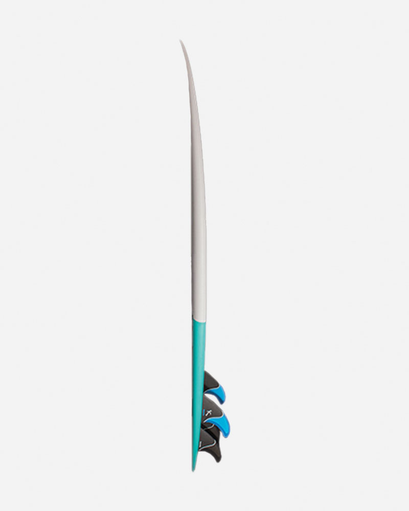 3D model of a surfboard with a teal base and black fins.