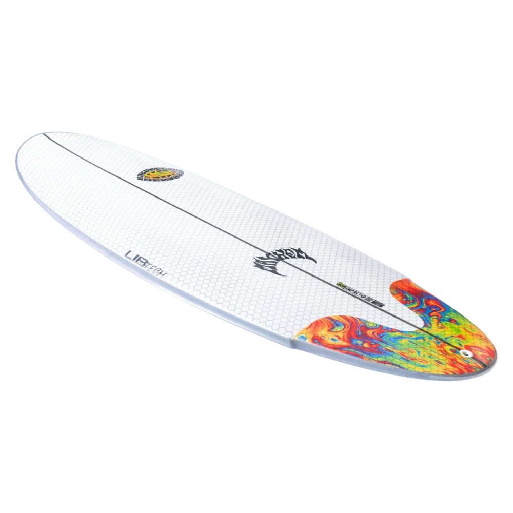 Colorful surfboard with a hexagonal grip pattern.