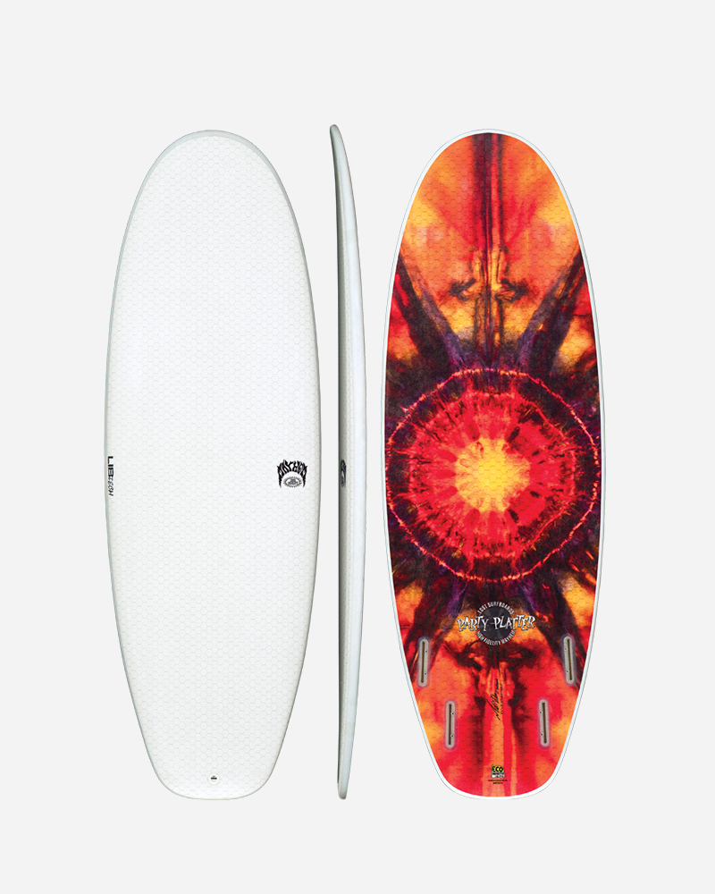 Surfboard with vibrant red and orange design on top.