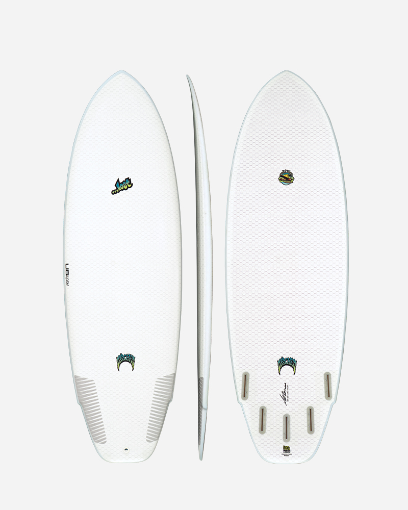Two surfboards displayed, one on each side, white design.