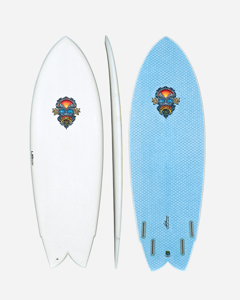 Two surfboards, one white and one blue, side by side.