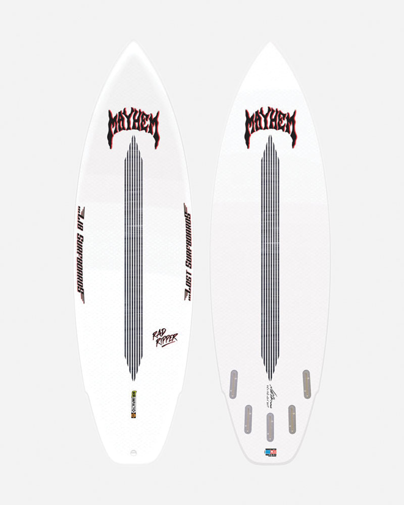 White surfboard with black stripes and "Mayhem" logo.