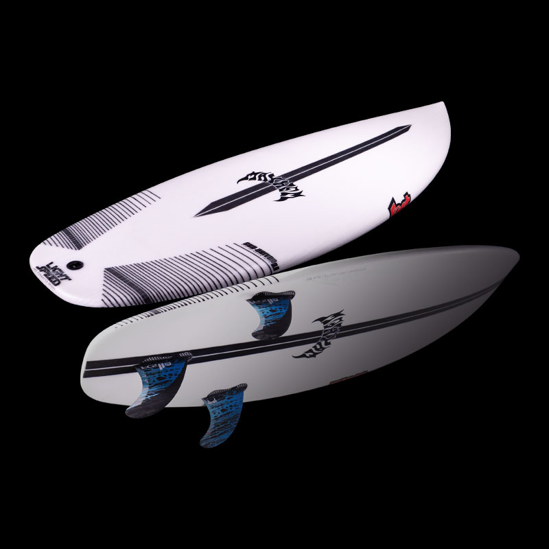 A white surfboard with a sleek design, featuring black and blue graphics. The board is shown from the side and top, highlighting its fins and streamlined shape against a black background.