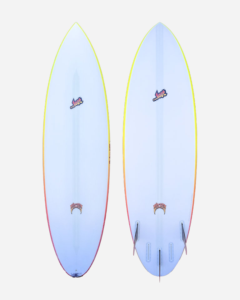 Surfboard with a colorful gradient design and logos.
