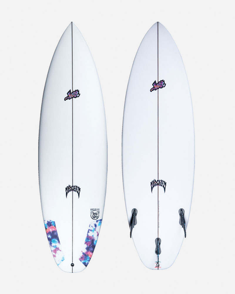 Two surfboards with colorful designs and logos.
