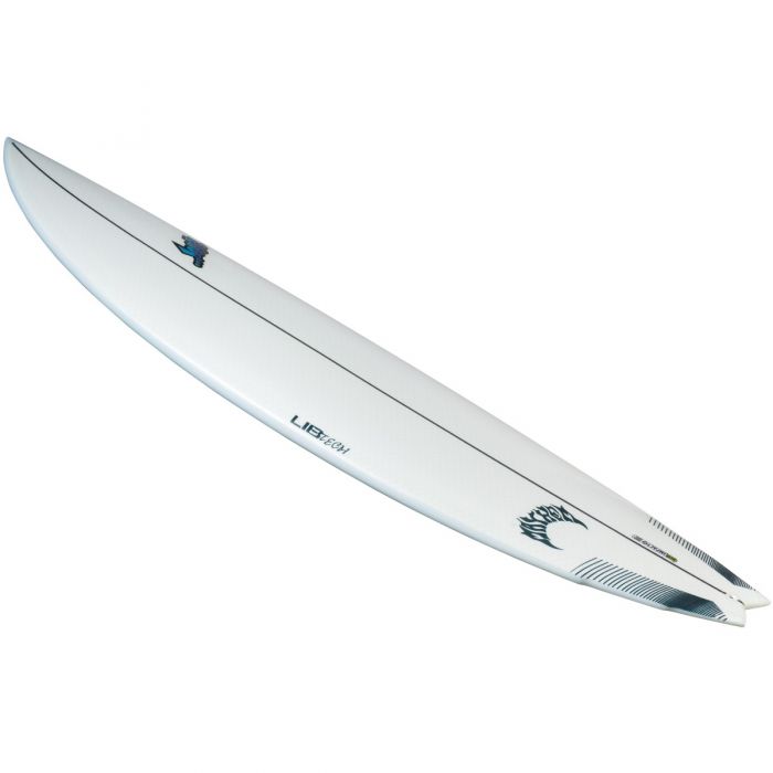 White surfboard with black designs and logo.