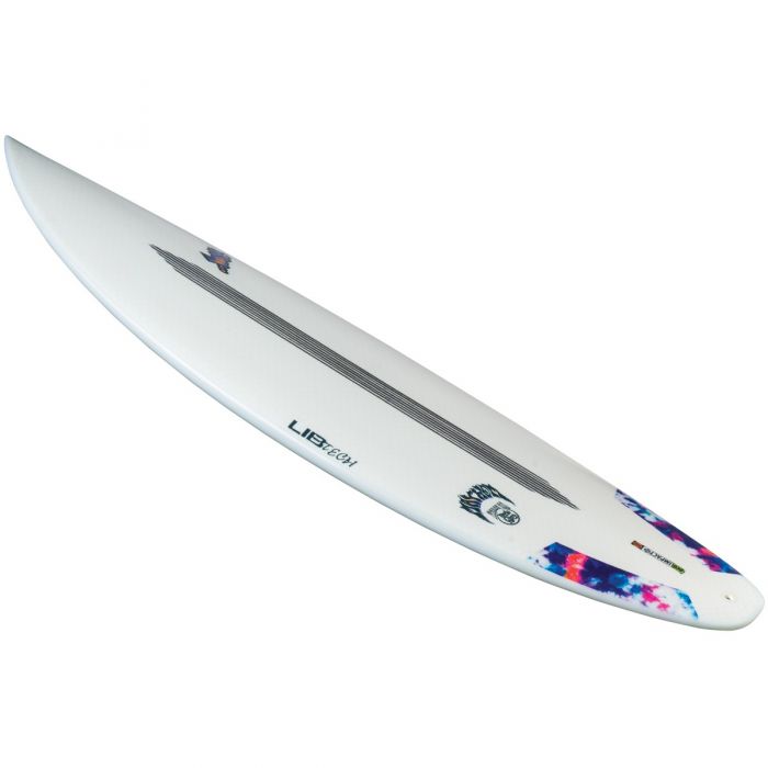 Surfboard with a white base and colorful design accents.