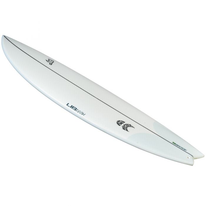 White surfboard with black graphics and logo.
