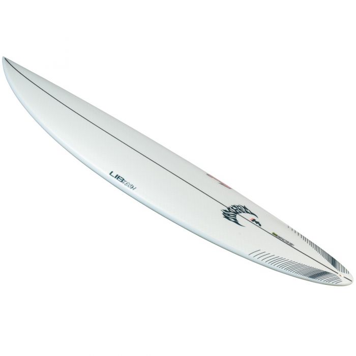 White surfboard with a graphic design and black stripes.