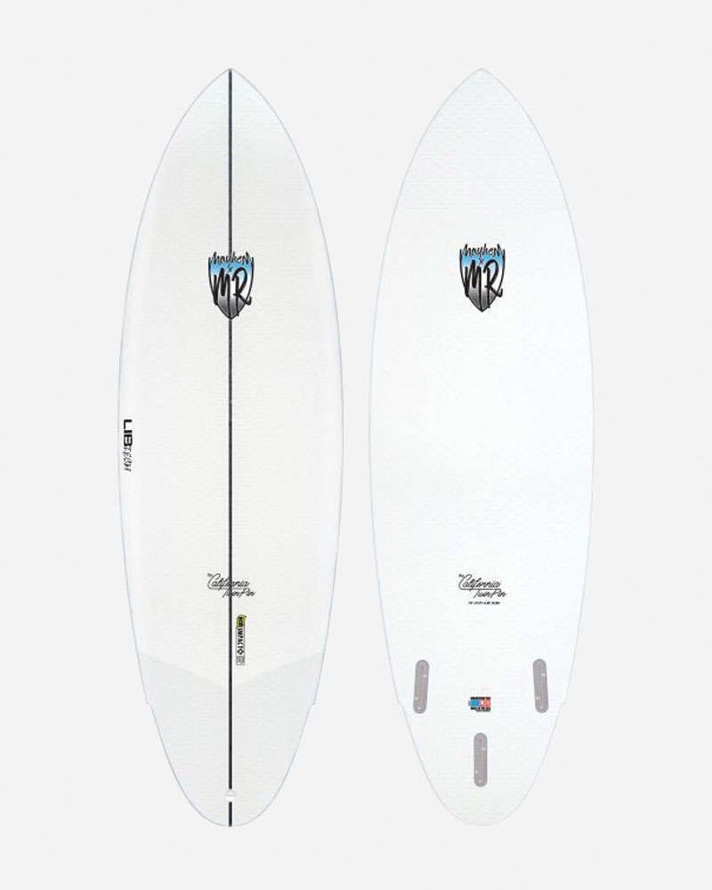 Two surfboards displayed side by side, featuring a white design.