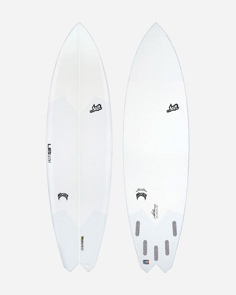 Surfboard design featuring a white finish and multiple fins.