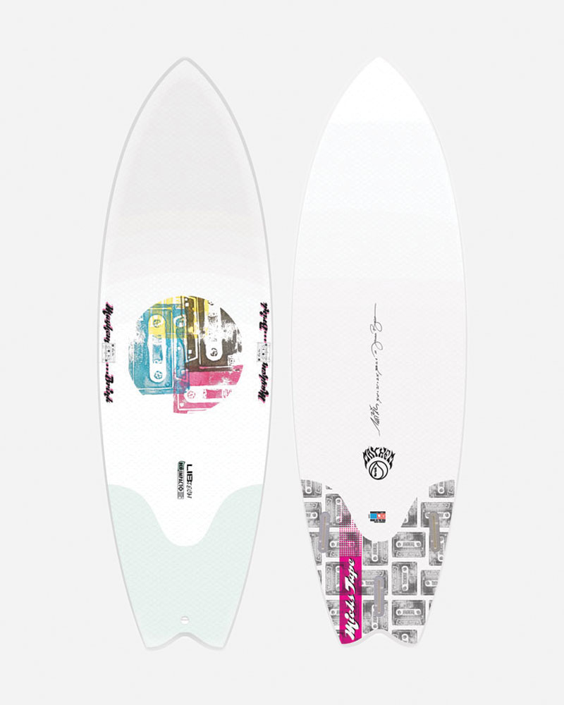 Surfboard design featuring colorful cassette tape graphics.