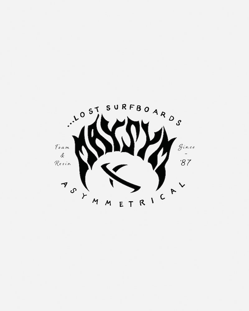 Logo featuring stylized text and flame design for Lost Surfboards.