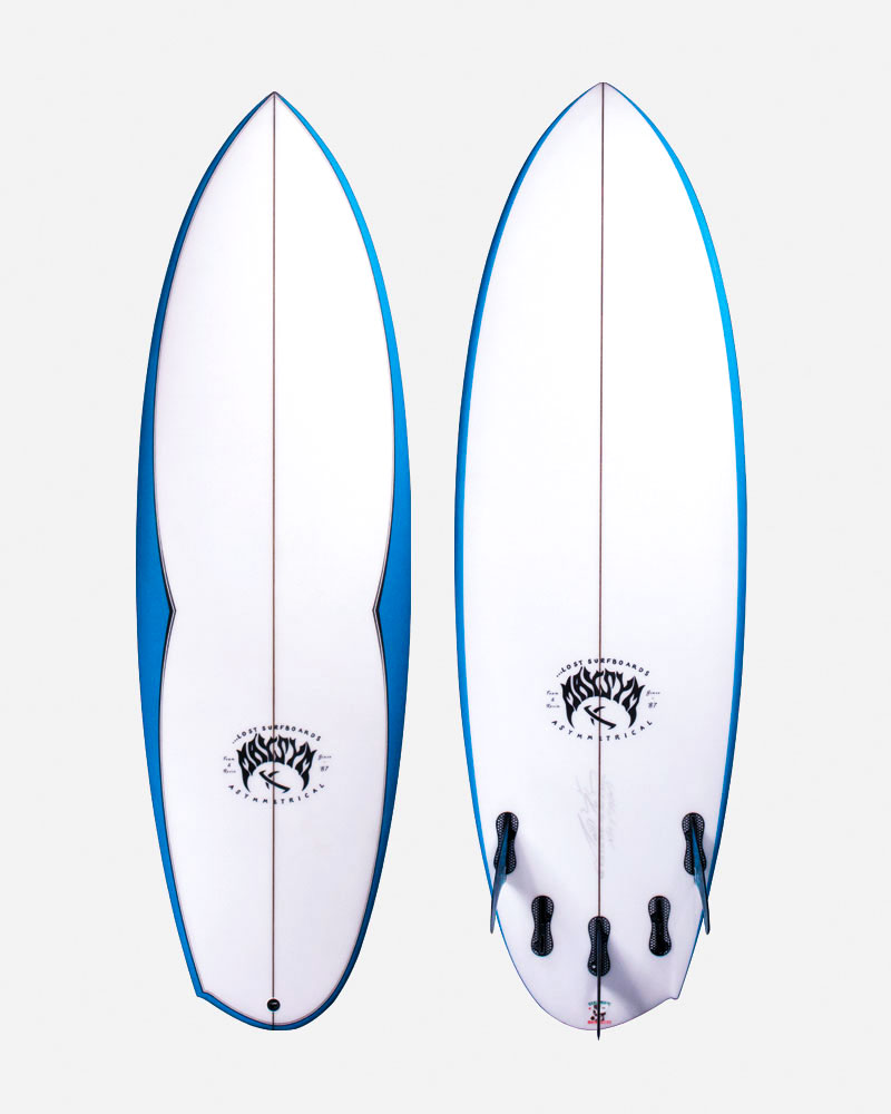 Two surfboards with blue edges and logos on the bottom.