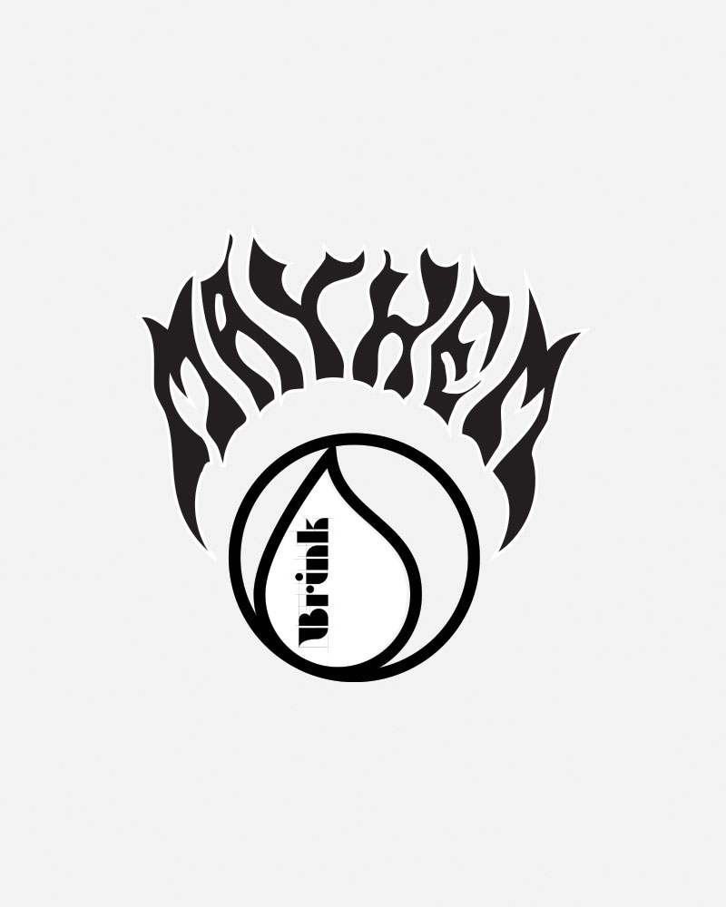 Logo featuring the word "MAYHEM" above a circular design with "Brink.