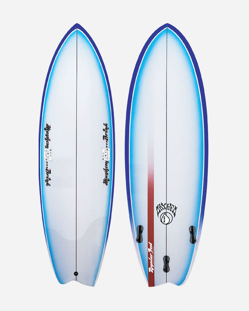 Two surfboards with blue gradient designs and logos.