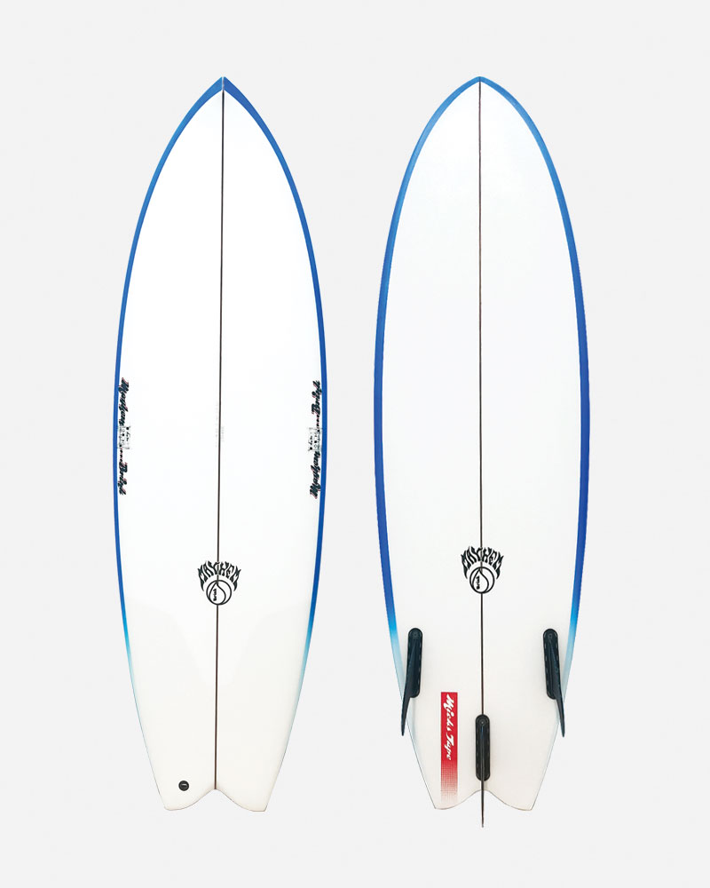 Two surfboards with blue accents on a white background.