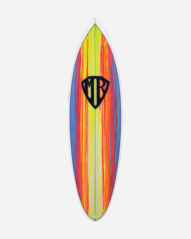 Colorful retro surfboard with a single fin design.