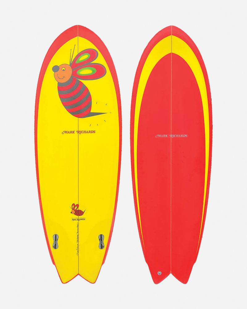 Retro surfboard featuring a colorful bee design.
