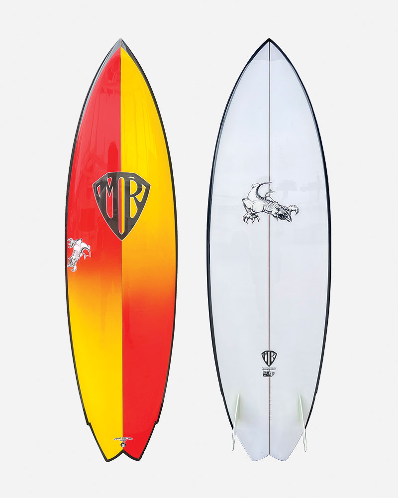Two surfboards side by side, one red and yellow, one clear.