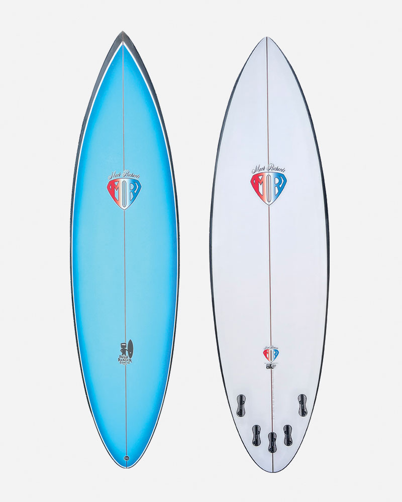 Two surfboards side by side, one blue and one white.