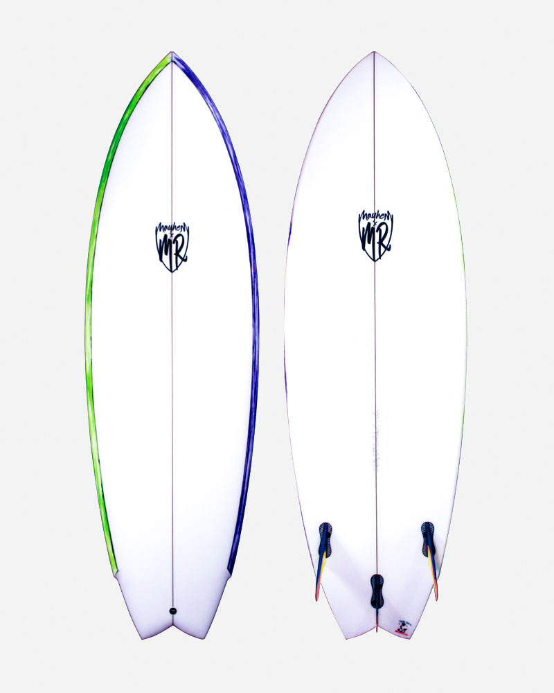 Two surfboards are displayed side by side. The left board has a green and purple outline, while the right board is plain white with a colorful tail. Both boards feature a logo on the top.