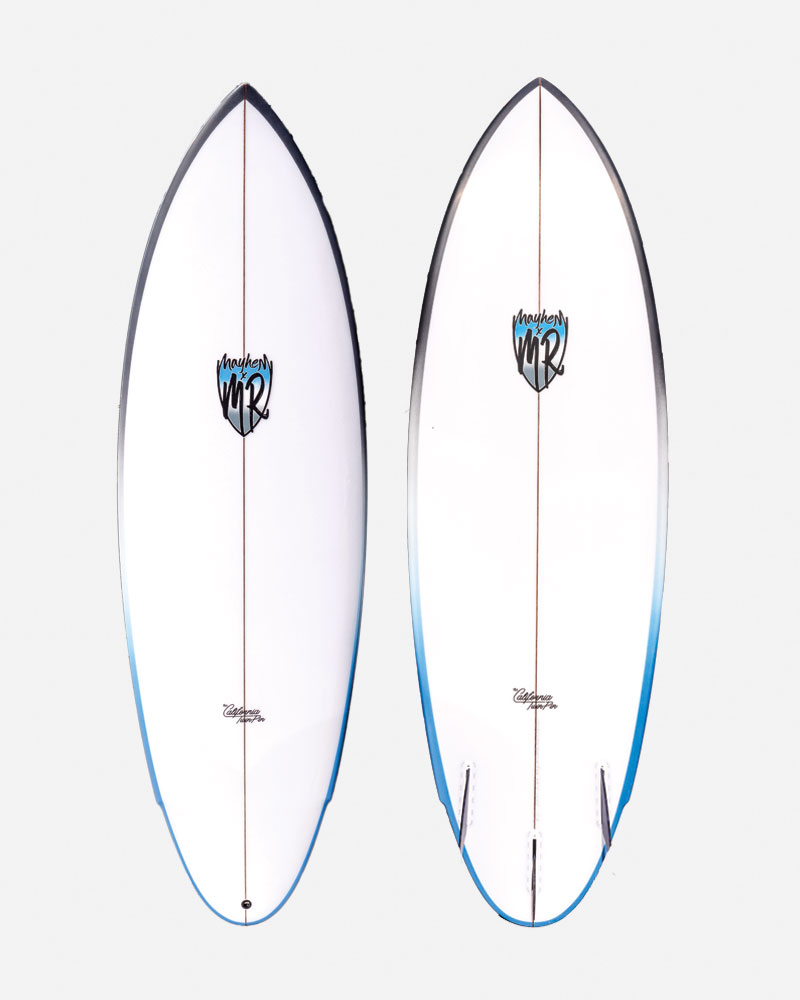 Two surfboards with white and blue designs, side by side.
