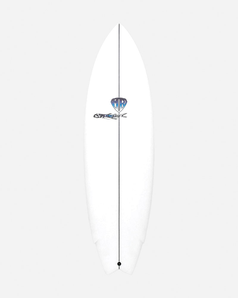 White surfboard with logo and design on top.