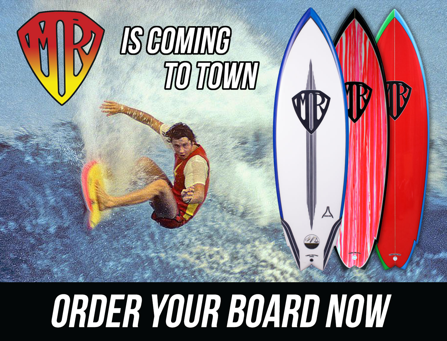 Surfer performing a trick with surfboards displayed nearby.