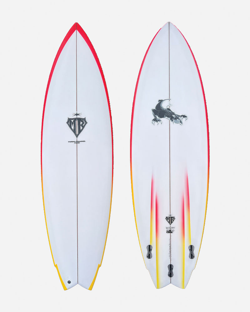 Surfboard with red and yellow accents, featuring logos and designs.
