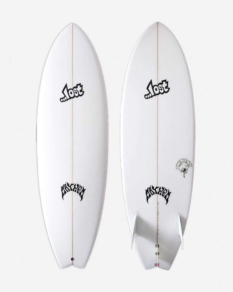 Two white surfboards with black logos and designs.