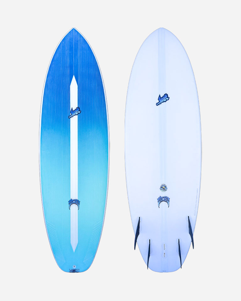 Surfboard displayed from two angles, featuring blue gradient design.