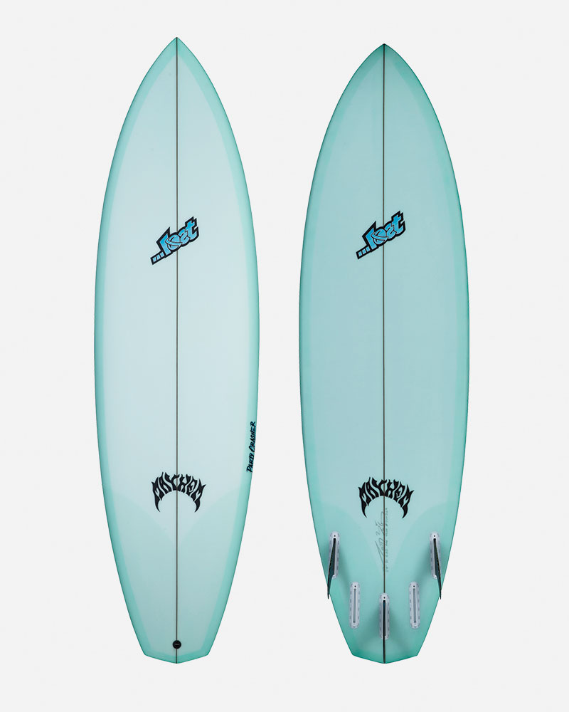Two surfboards with a light blue finish and logos.