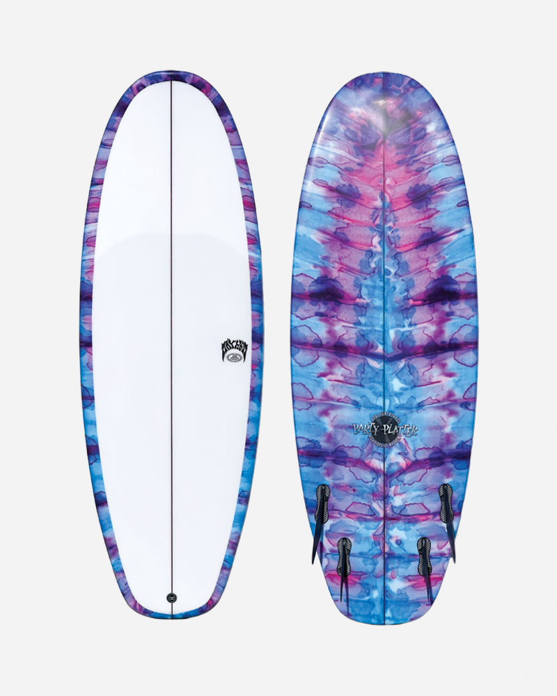 Surfboard with colorful purple and blue design, front and back views.