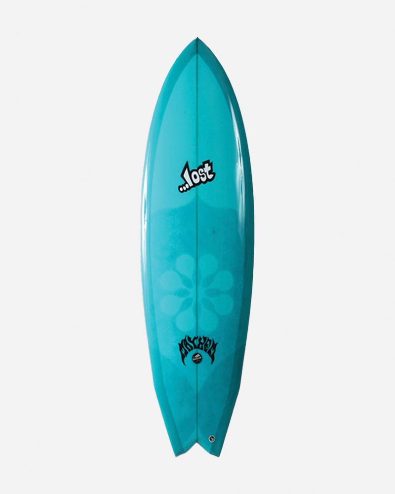 Turquoise surfboard with logos and floral design.