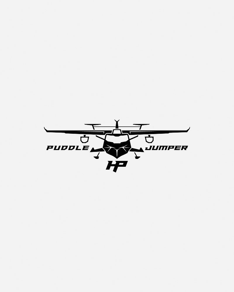 Black logo featuring a stylized aircraft and text "Puddle Jumper HP".