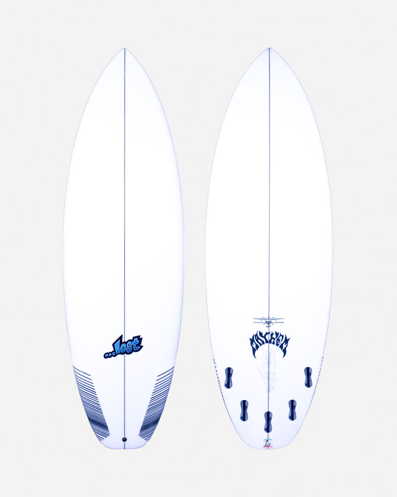 A white surfboard displayed from the top and bottom views. The top features a blue logo and striped design, while the bottom has a different blue logo and multiple fin placements. The background is plain.