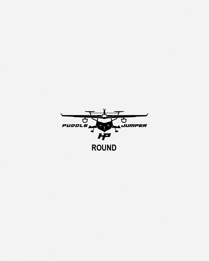 A black and white logo featuring a stylized airplane with the words "Puddle Jumper" above and "ROUND" below. The design emphasizes a sleek, modern look.