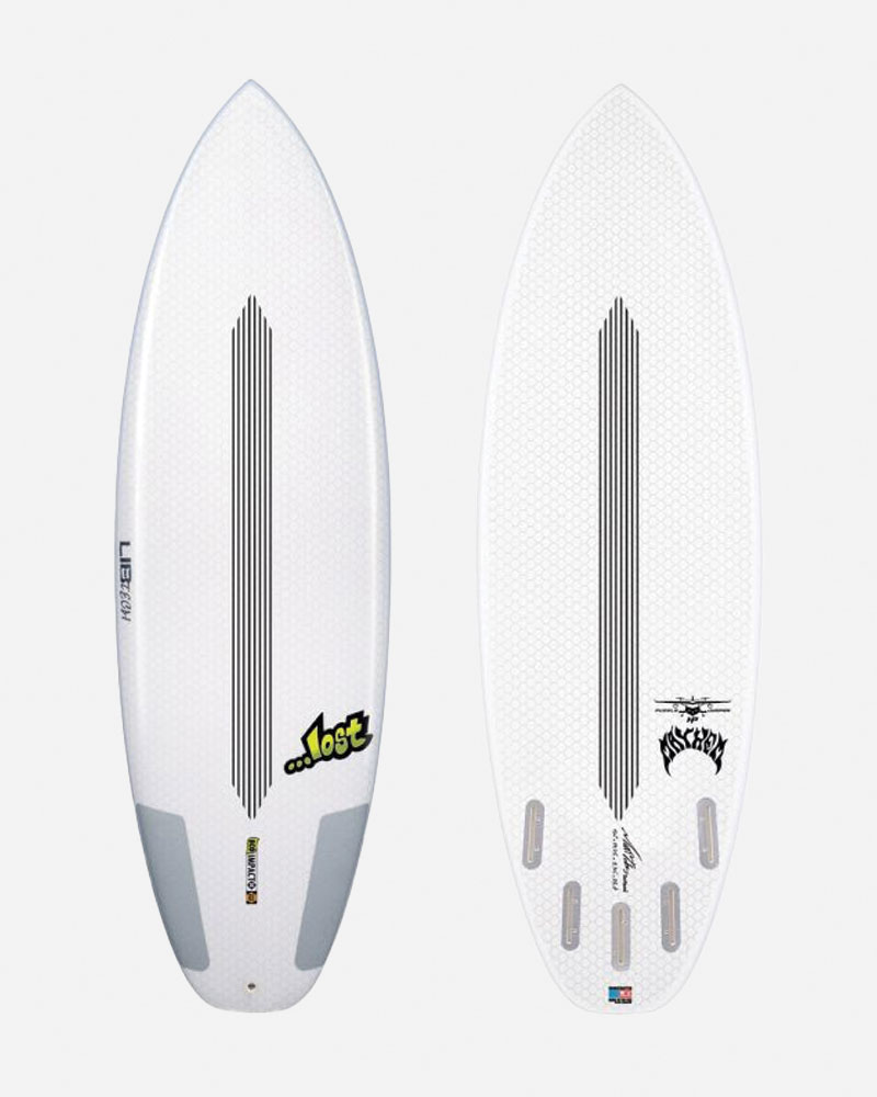 White surfboard with black stripes and logos on both sides.