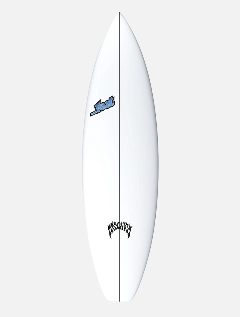White surfboard with logos on both sides.
