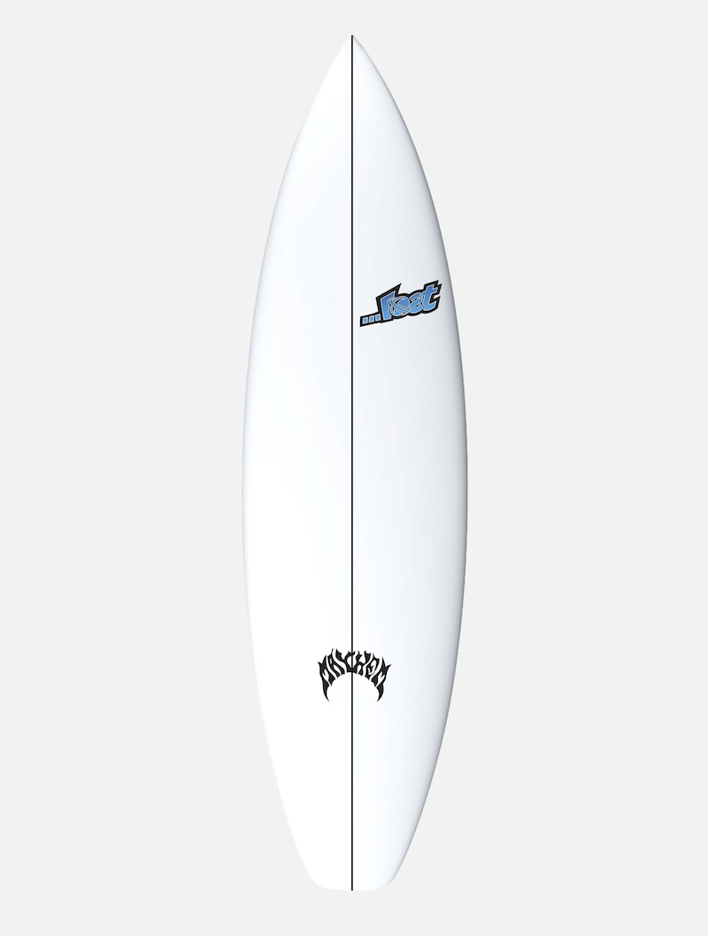 White surfboard with blue and black logos.