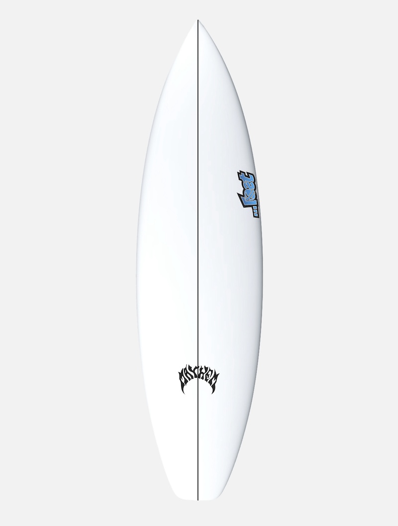 White surfboard with logos on both sides.