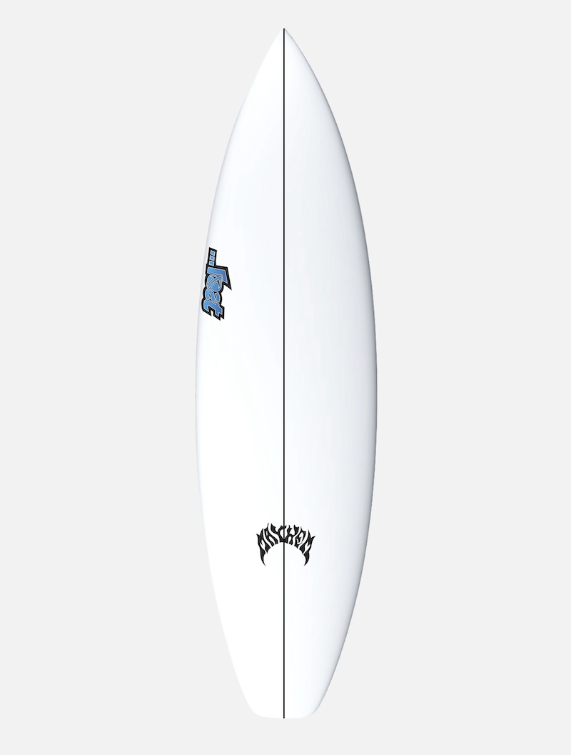 White surfboard with blue and black logos on top.