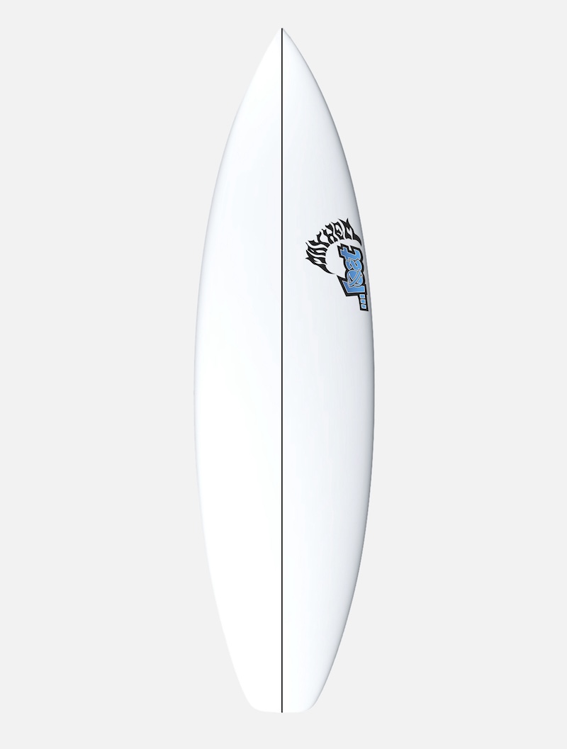 White surfboard with logo design on one side.