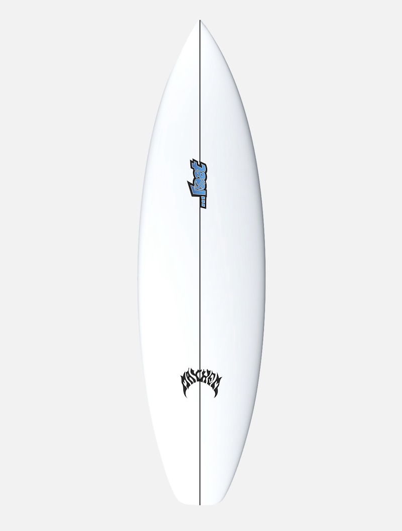 White surfboard with blue and black logos.