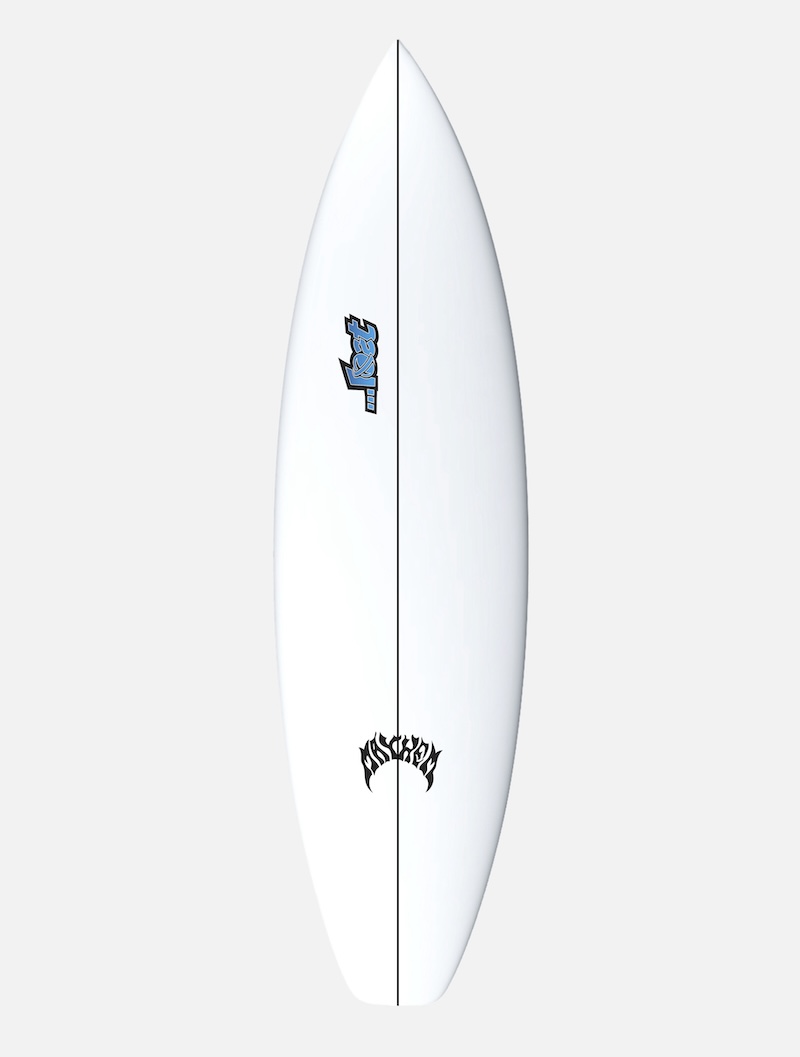 White surfboard with logos on top view.