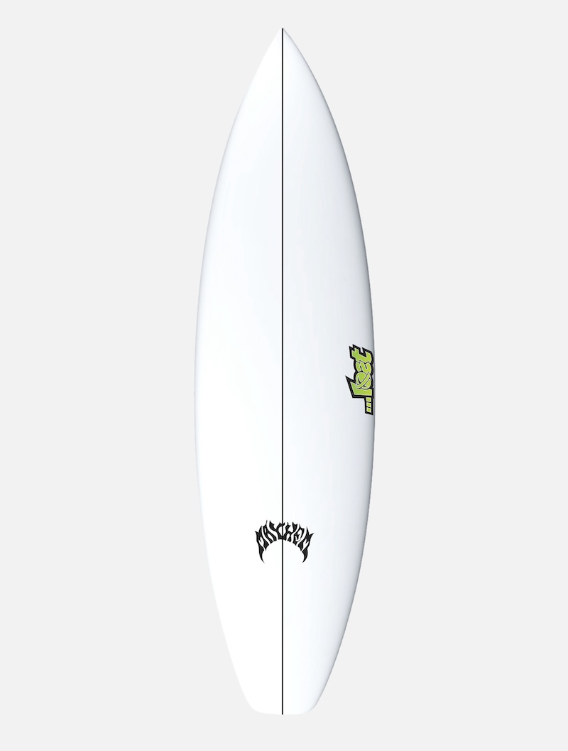 White surfboard with green and black logos.