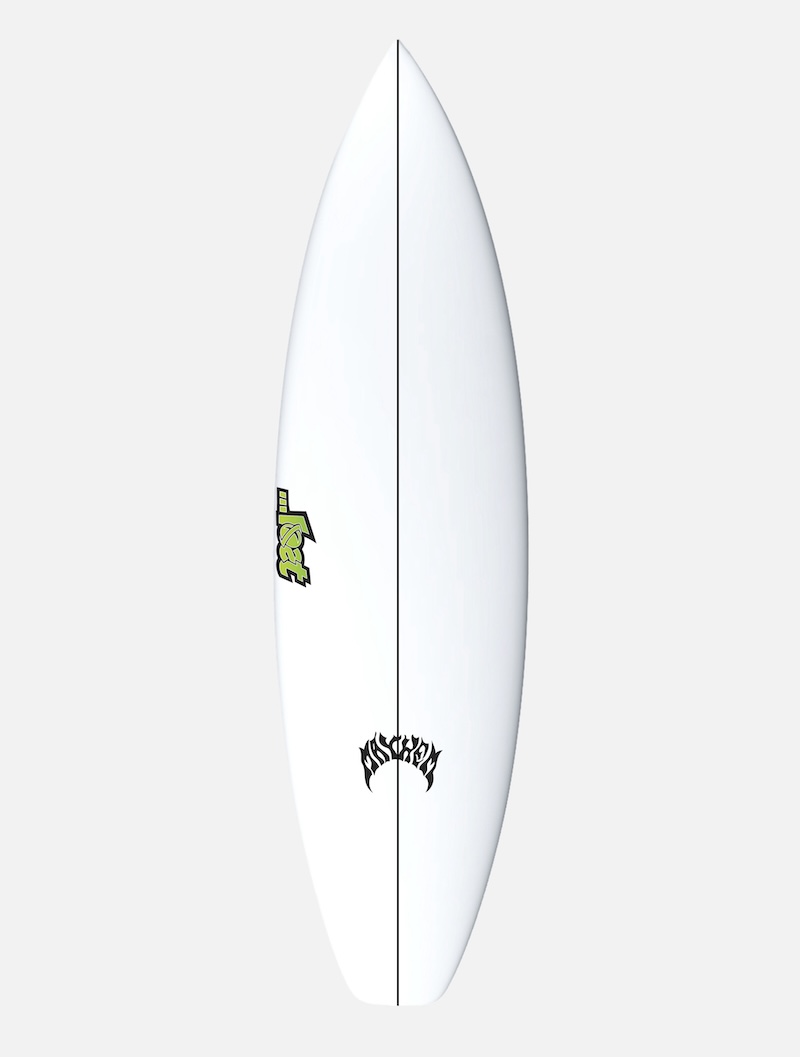 White surfboard with green and black logos.